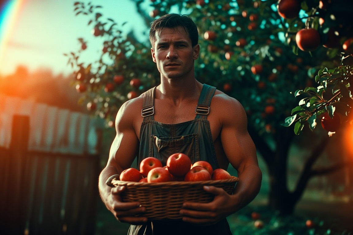 The image depicts a muscular man standing outdoors in an orchard. He is wearing overalls that are visibly dirty,  suggesti...