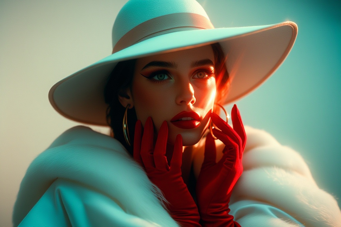 The image features a person wearing a wide-brimmed white hat with a light pink band. The individual has striking green eye...