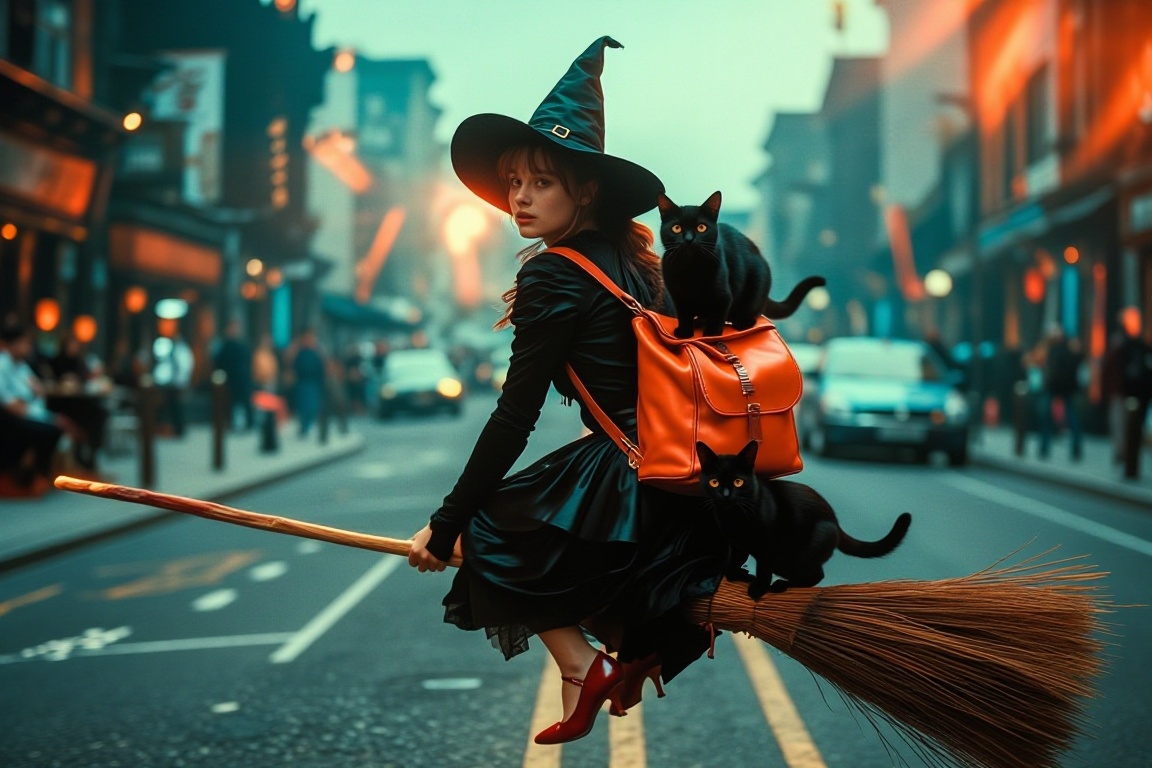 The image depicts a person dressed in a witch costume,  riding a broomstick in a city street. The person is wearing a blac...