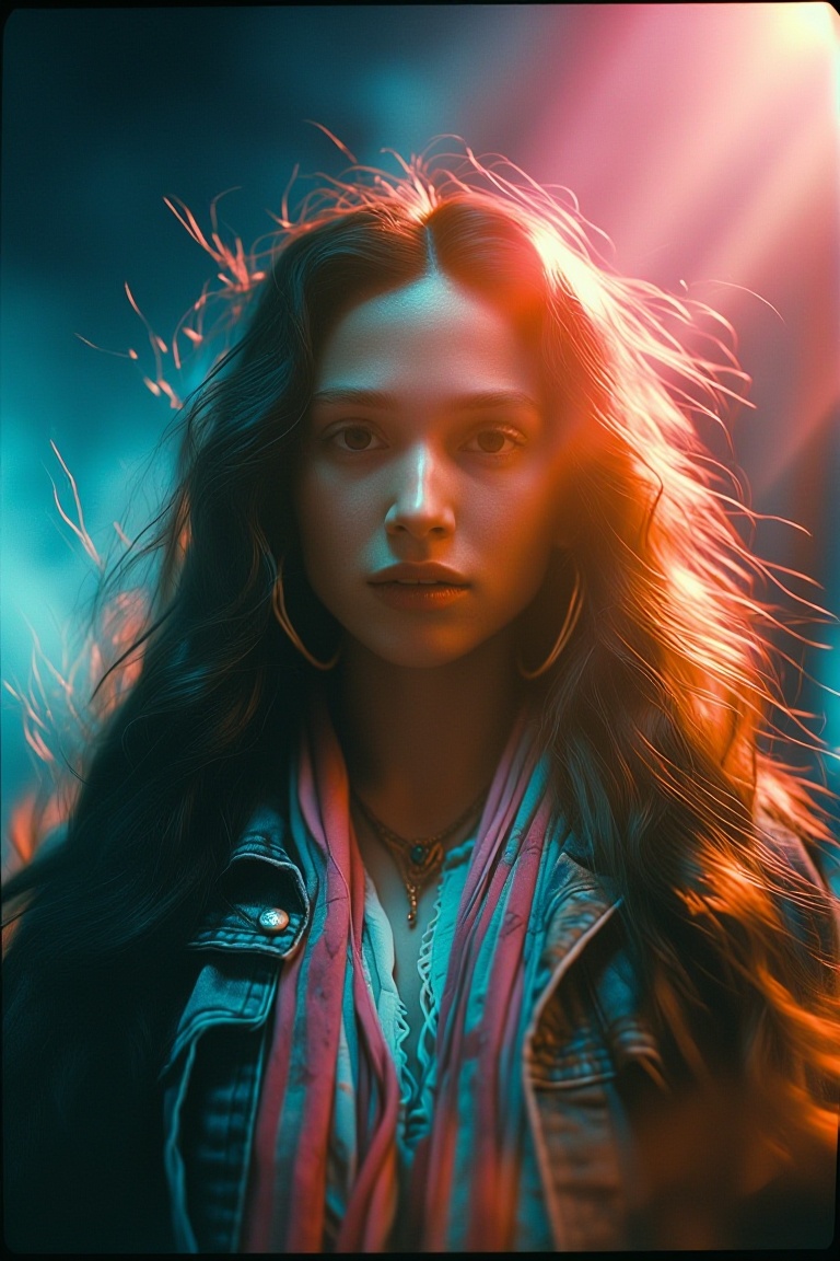 The image depicts a person with long,  wavy,  reddish-brown hair. They are wearing a denim jacket over a white lace garmen...