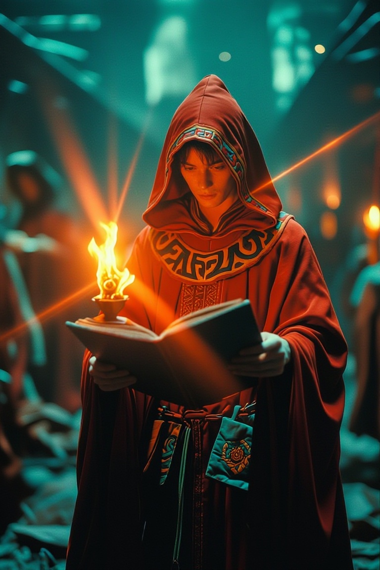 The image depicts a figure dressed in a red robe with a hood,  standing in a dimly lit environment. The person is holding...