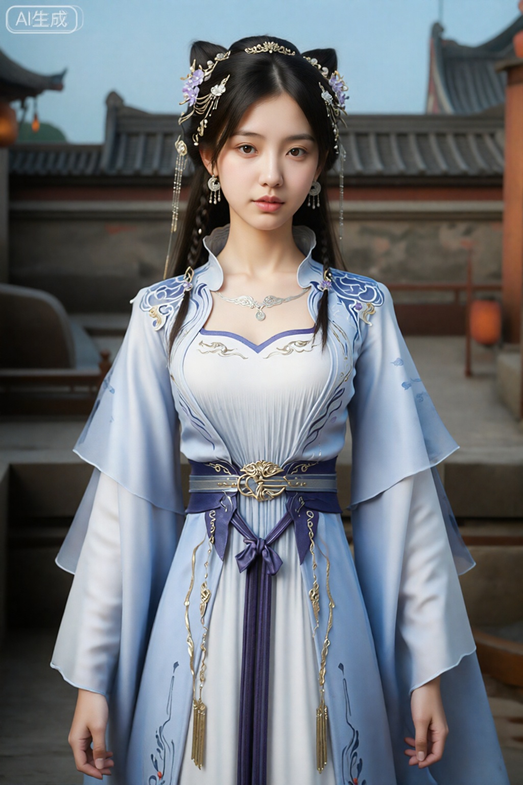 这是一幅非常详细、逼真的CGI 图像,画面是一位东亚女性,皮肤白皙,长长的黑发饰有花卉假发。她身材修长,穿着传统优雅的蓝白相间的连衣裙,上面有精致的金色和紫色刺绣。这件连衣裙采用高领、长袖和喇叭口设计,腰部系有一条带有金色细节的蓝色宽腰带。她戴着精致的垂坠耳环,妆容精致自然。背景展示的是一个古老的石墙庭院,具有传统的建筑风格。该图像的左上角有一个带有韩文字符的水印。整体风格让人想起幻想或历史东亚美学。,姬紫月