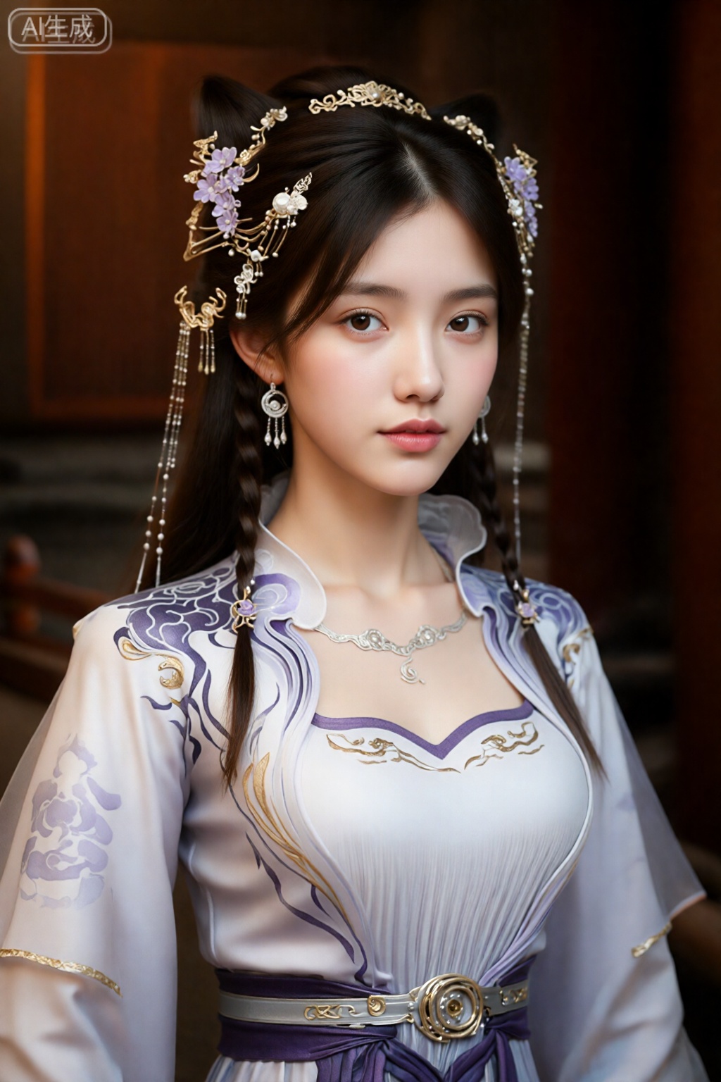 这是一张非常详细的数码照片,照片上是一位年轻的亚洲女性,皮肤白皙,深棕色长发扎成两条辫子。她有着精致的五官,包括杏仁形的棕色大眼睛,涂着淡淡的粉色口红。她的服装是传统的、华丽的白色和紫色的中式连衣裙,上面装饰着金色和紫色的花卉图案。她戴着金色和紫色的花卉头饰,上面有悬挂的装饰品。背景很模糊,但暗示了带有传统木制家具的室内环境。她戴着精致的黄金和珍珠首饰,包括一条带有新月吊坠的项链。图像具有柔和、现实的风格,注重细节纹理和颜色。,姬紫月