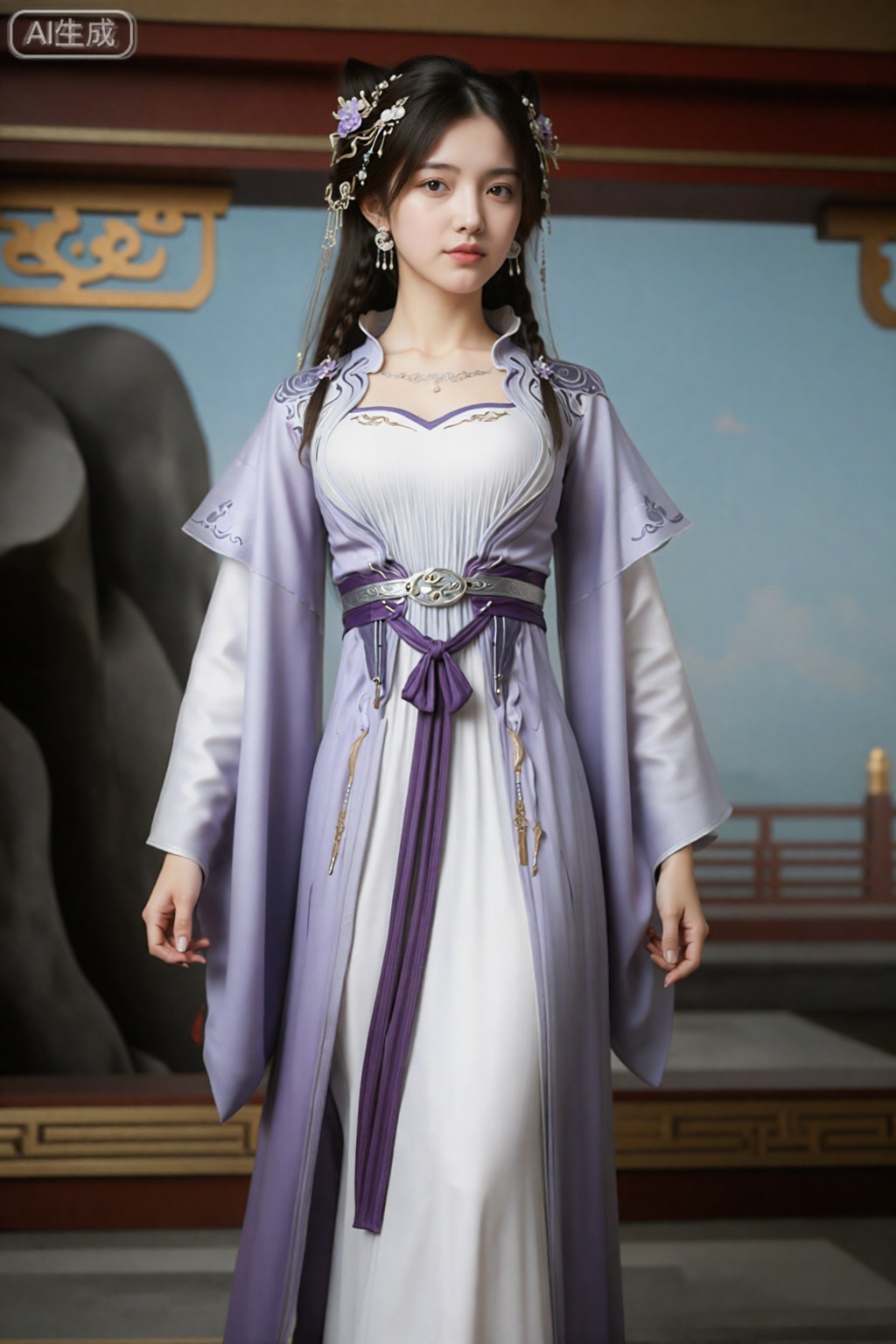 这是一幅非常详细、逼真的CGI 图像,画面是一位亚洲女性,皮肤白皙,头发乌黑,盘成精致的髻,上面装饰着紫色的花朵。她穿着传统、优雅的紫色和白色韩服,宽大的袖子和精致的金色镶边。这件连衣裙采用合身的白色紧身胸衣,配有紫色腰带和长长的丝带拖尾。她有精致的珠宝,包括耳环和项链。背景包括一块巨大的深色岩石和带有红色和金色装饰的木框,增添了传统的亚洲美学,姬紫月