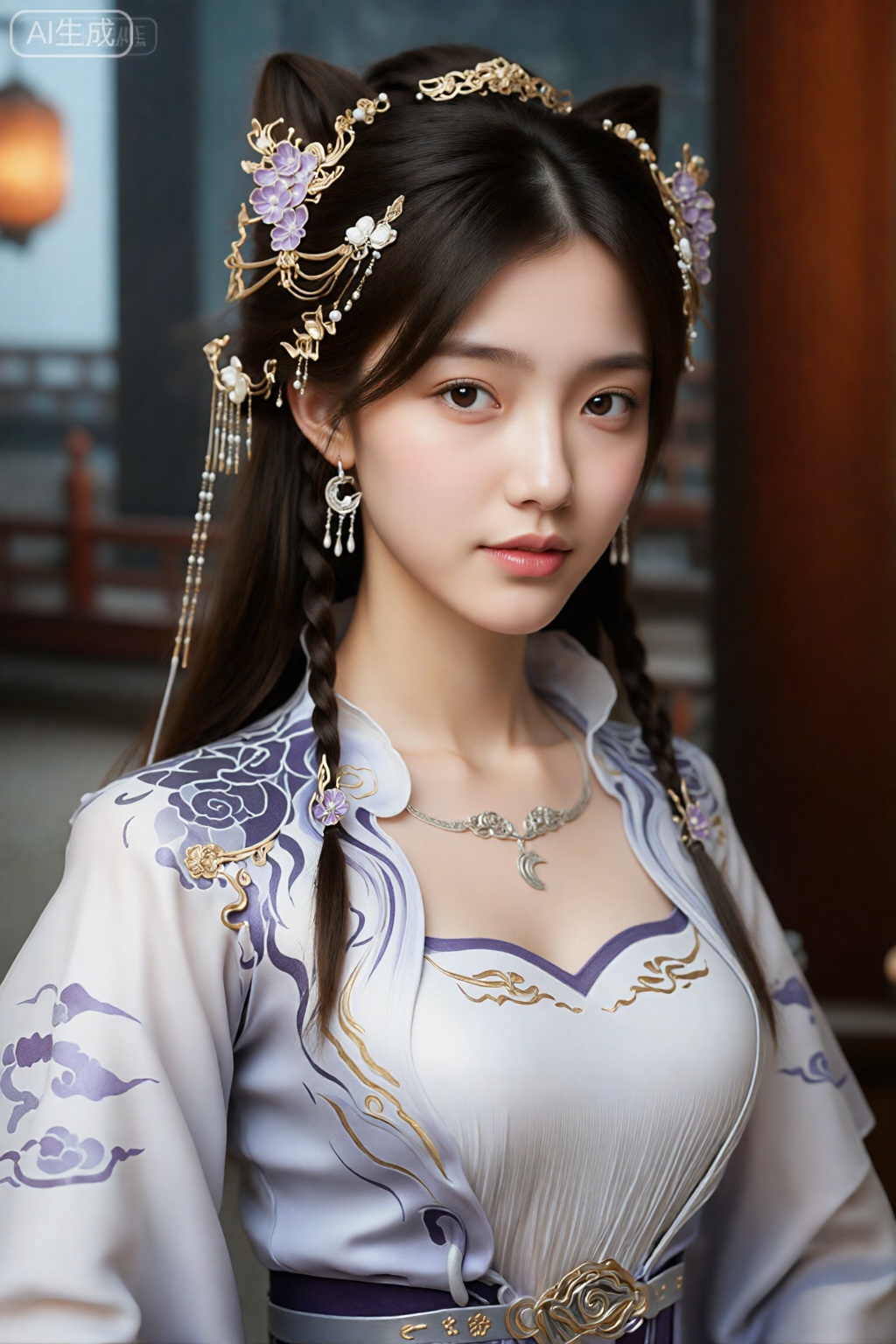 这是一张非常详细的数码照片,照片上是一位年轻的亚洲女性,皮肤白皙,深棕色长发扎成两条辫子。她有着精致的五官,包括杏仁形的棕色大眼睛,涂着淡淡的粉色口红。她的服装是传统的、华丽的白色和紫色的中式连衣裙,上面装饰着金色和紫色的花卉图案。她戴着金色和紫色的花卉头饰,上面有悬挂的装饰品。背景很模糊,但暗示了带有传统木制家具的室内环境。她戴着精致的黄金和珍珠首饰,包括一条带有新月吊坠的项链。图像具有柔和、现实的风格,注重细节纹理和颜色。,姬紫月
