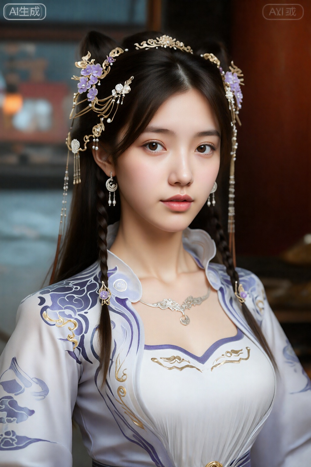 这是一张非常详细的数码照片,照片上是一位年轻的亚洲女性,皮肤白皙,深棕色长发扎成两条辫子。她有着精致的五官,包括杏仁形的棕色大眼睛,涂着淡淡的粉色口红。她的服装是传统的、华丽的白色和紫色的中式连衣裙,上面装饰着金色和紫色的花卉图案。她戴着金色和紫色的花卉头饰,上面有悬挂的装饰品。背景很模糊,但暗示了带有传统木制家具的室内环境。她戴着精致的黄金和珍珠首饰,包括一条带有新月吊坠的项链。图像具有柔和、现实的风格,注重细节纹理和颜色。,姬紫月