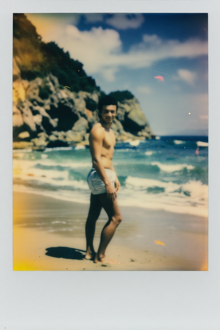 The image shows a person standing on a beach,  with the ocean waves gently lapping at the shore. The person is shirtless,...