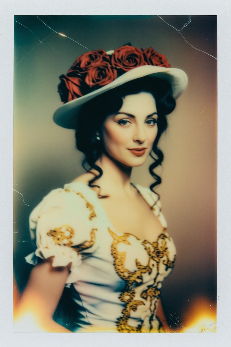 The image depicts a woman dressed in an elegant,  vintage-style outfit. She is wearing a white dress with intricate gold e...