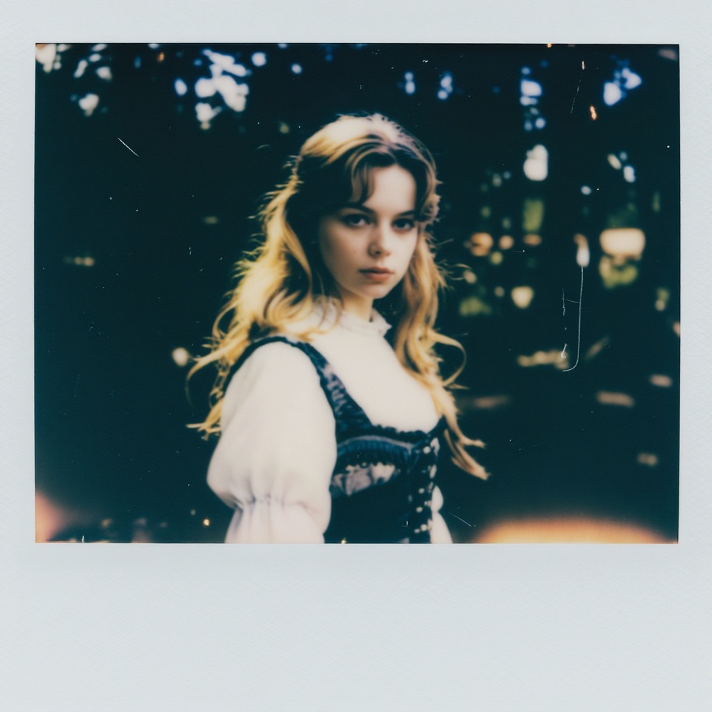 The image depicts a young woman with long,  wavy blonde hair,  wearing a white blouse with ruffled sleeves and a black cor...