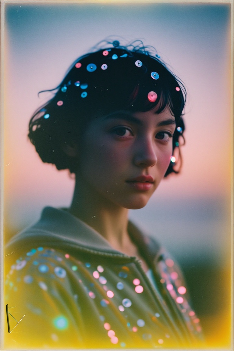The image depicts a young girl with short,  dark hair adorned with colorful,  iridescent on Tensor.Art