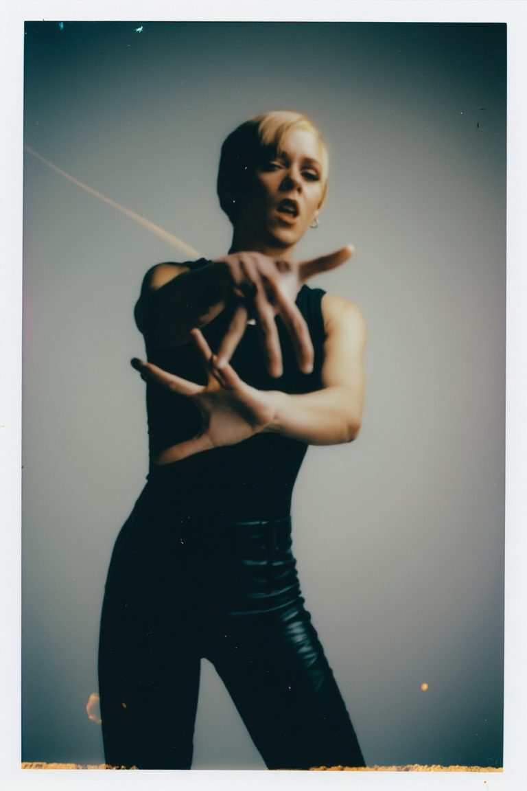 The image shows a person with short blonde hair wearing a black sleeveless top and black pants. The person is standing and...