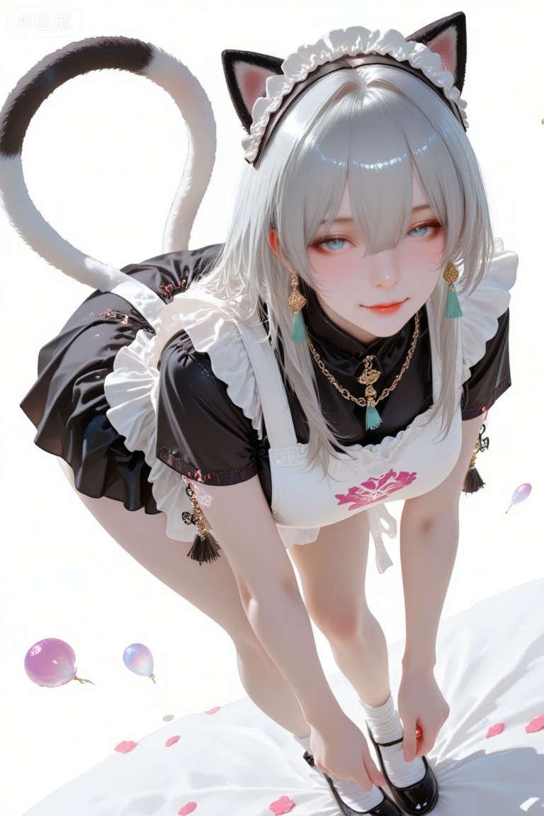 masterpiece, best quality, ultra detailed, anime style, realistic skin texture, 1girl, solo, long hair, breasts, looking at viewer, blue eyes, animal ears, jewelry, tail, full body, white hair, earrings, socks, cat ears, apron, cat tail, maid, maid headdress, leaning forward, maid apron, bubble,xsercy,exs