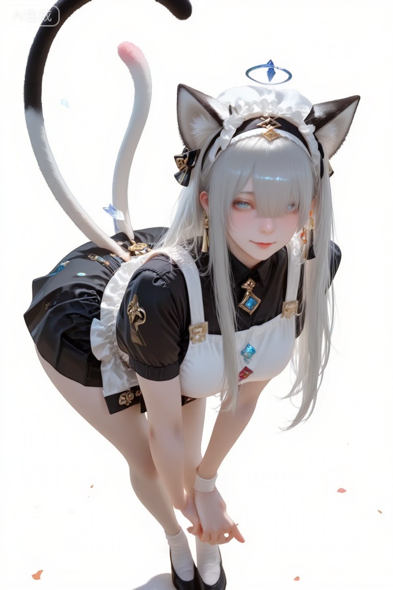 masterpiece, best quality, ultra detailed, anime style, realistic skin texture, 1girl, solo, long hair, breasts, looking at viewer, blue eyes, animal ears, jewelry, tail, full body, white hair, earrings, socks, cat ears, apron, cat tail, maid, maid headdress, leaning forward, maid apron, bubble,xsercy,exs