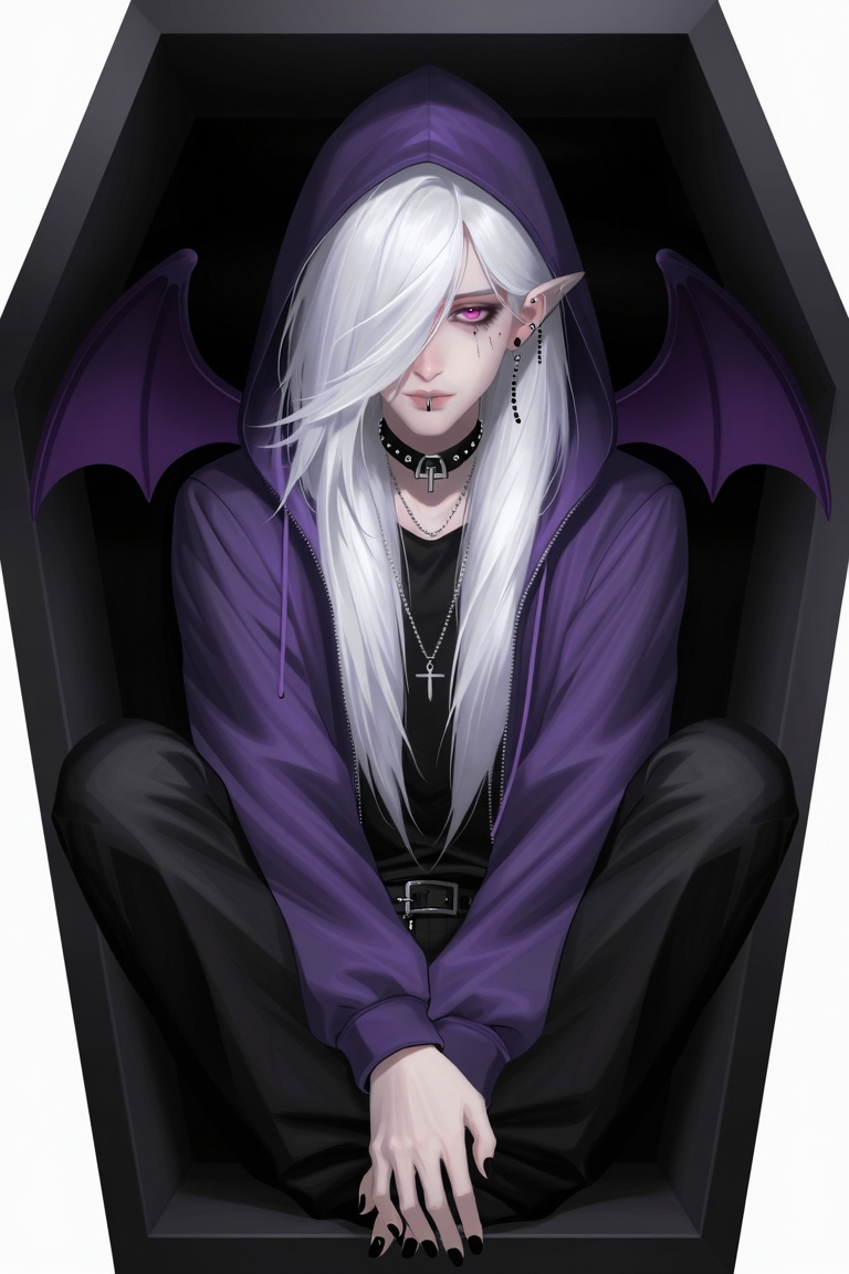 a half-body image of a 1boy with bat wings,  black nails,  ear piercing on Tensor.Art