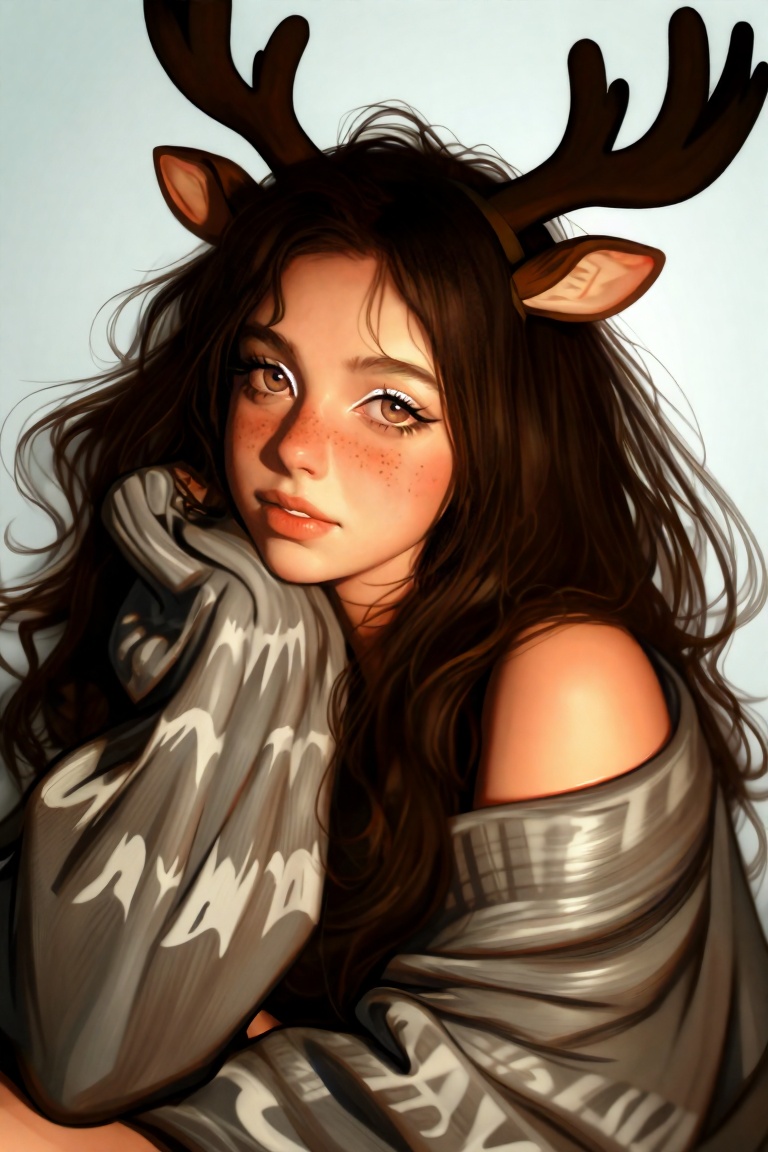 a portrait of a girl with reindeer ears,  reindeer antlers. She's a lovely half-human,  half-reindeer mature female. She i...