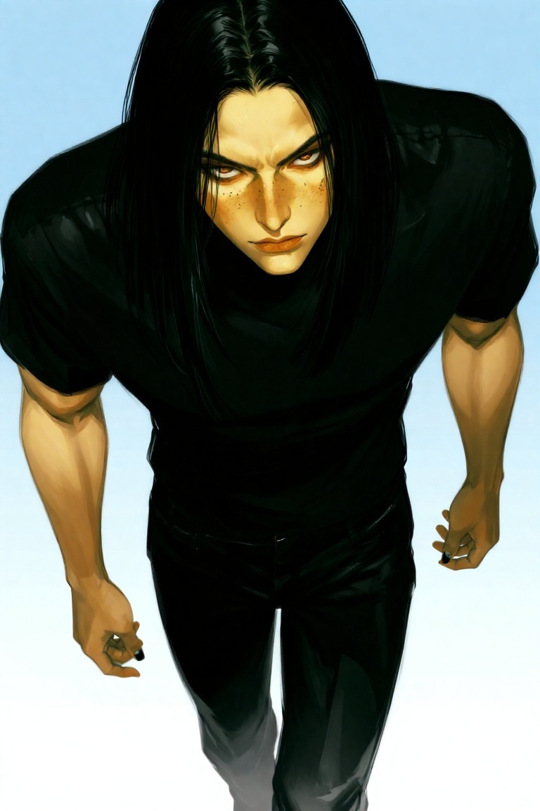 a gorgeous male,  with long black hair. he's a metalhead. wears a worn black metal band t-shirt from the 80s. his pants ar...