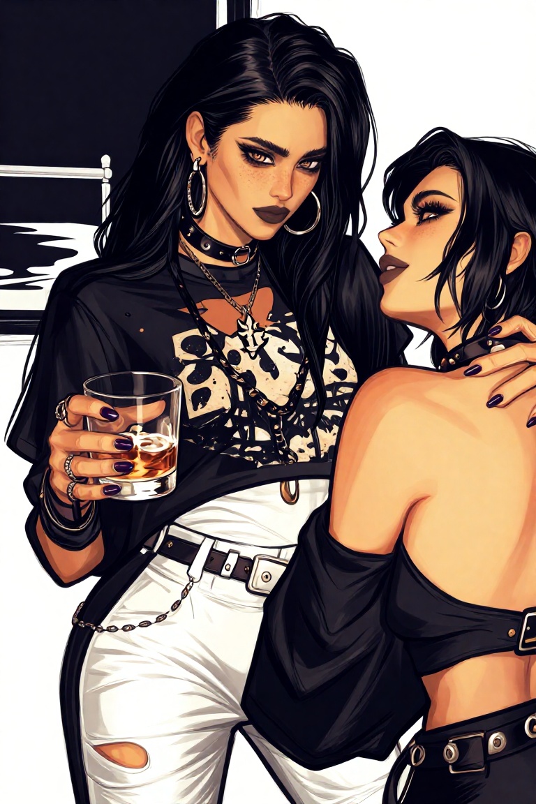 a gorgeous female,  with long black hair. she is a metalhead. she wears a worn black metal band t-shirt from the 80s,  whi...