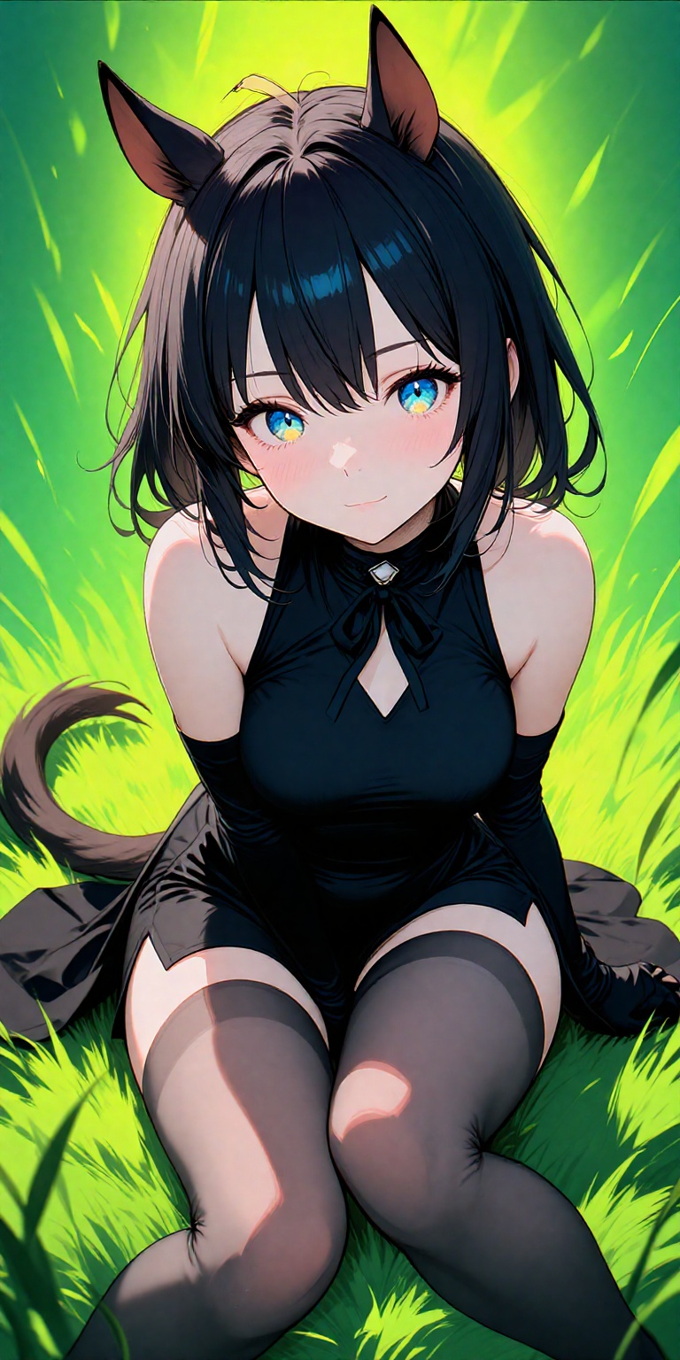 a horse girl with black hair and medium-length hair,  adorned with a hair ornament and horse ears. She wears pantyhose and...