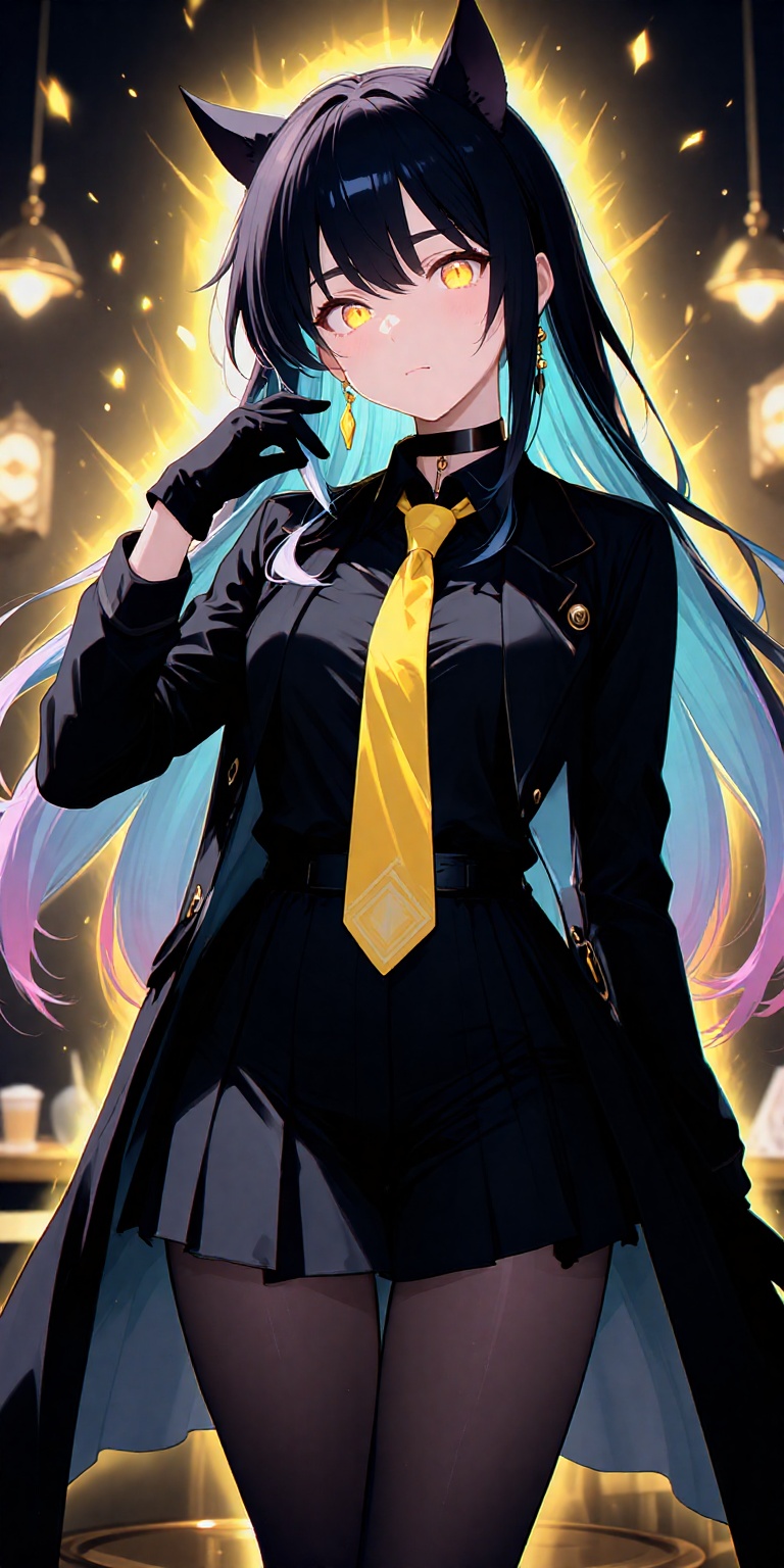 black hair,  pleated skirt,  multicolored hair on Tensor.Art