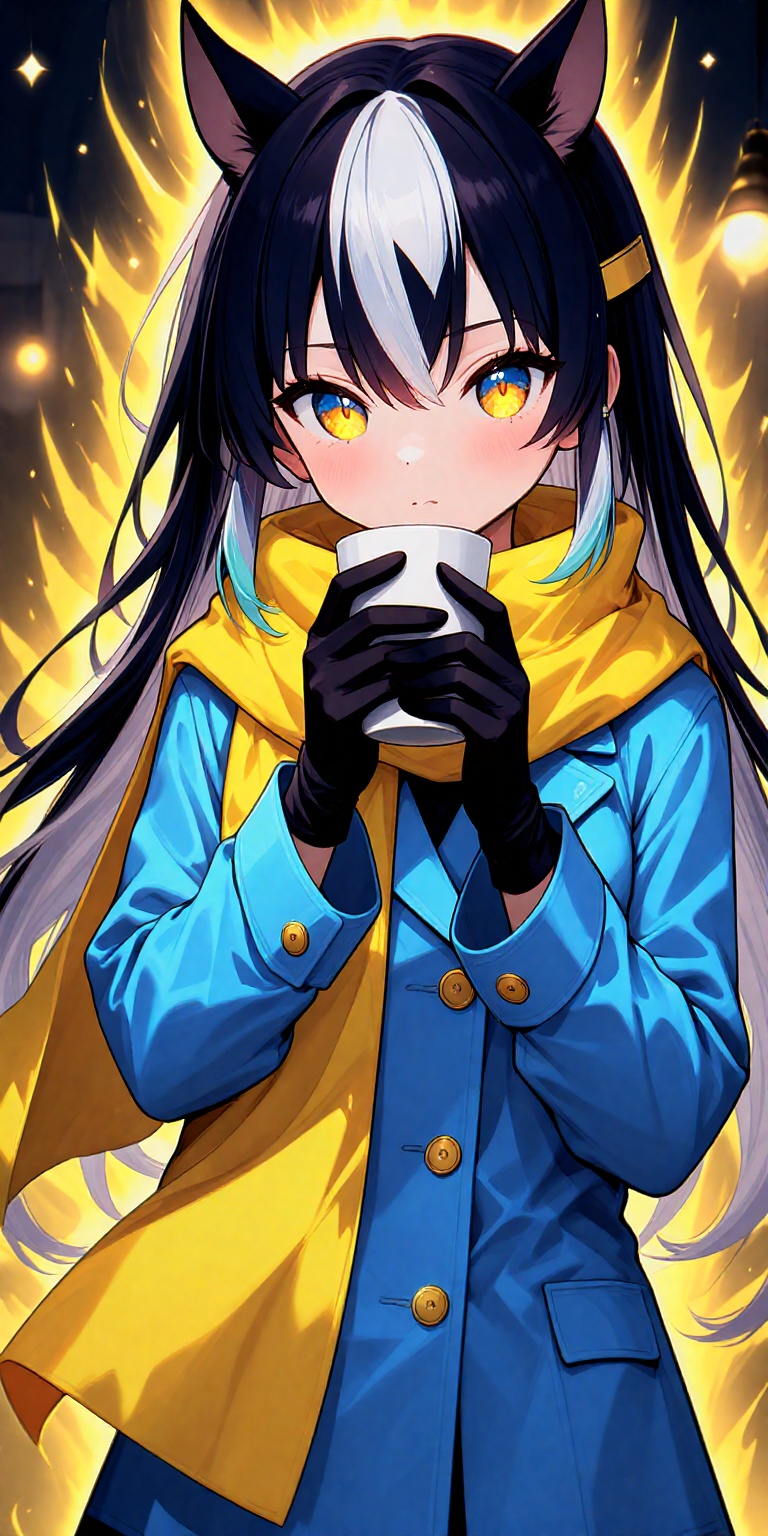 long bangs,  black hair,  blue coat on Tensor.Art
