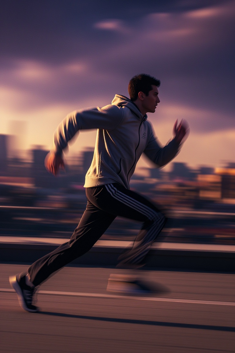 Photorealistic scene of a male runner in a fitted gray hoodie and black track pants,  sprinting along a deserted urban roo...