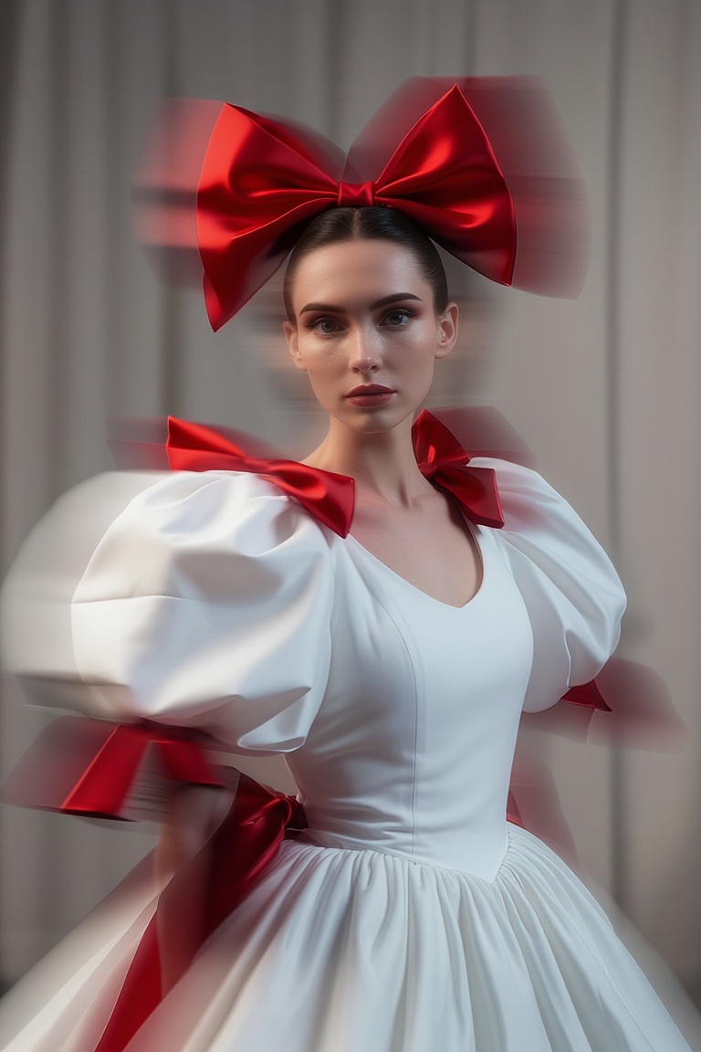 The image depicts a person wearing a striking white dress with voluminous,  puffy sleeves. The dress is complemented by a...