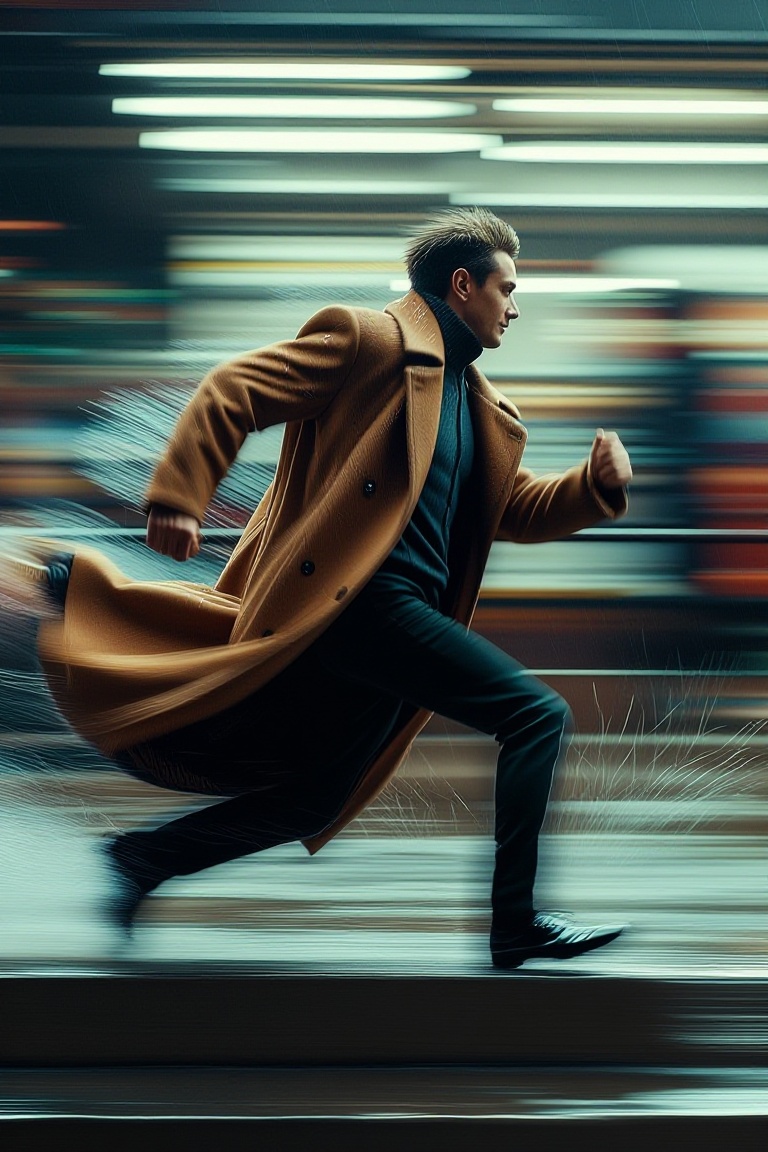 Photorealistic scene of a man wearing a camel overcoat and dark turtleneck,  running down rain-soaked subway stairs,  moti...