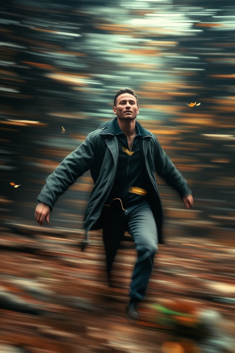 Photorealistic wide shot of a man in a dark green parka and jeans,  walking through a dense autumn forest path,  motion bl...