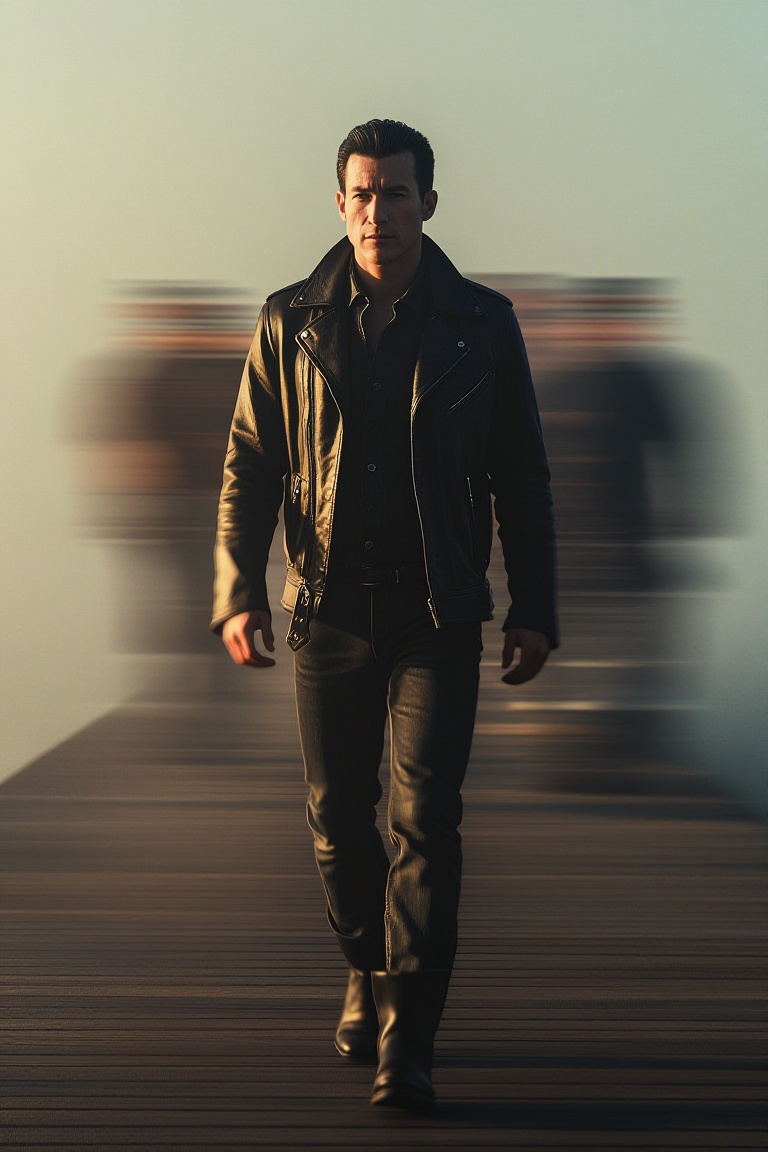 Photorealistic full-body shot of a confident man in his 30s wearing a black leather jacket,  dark jeans,  and boots on Ten...