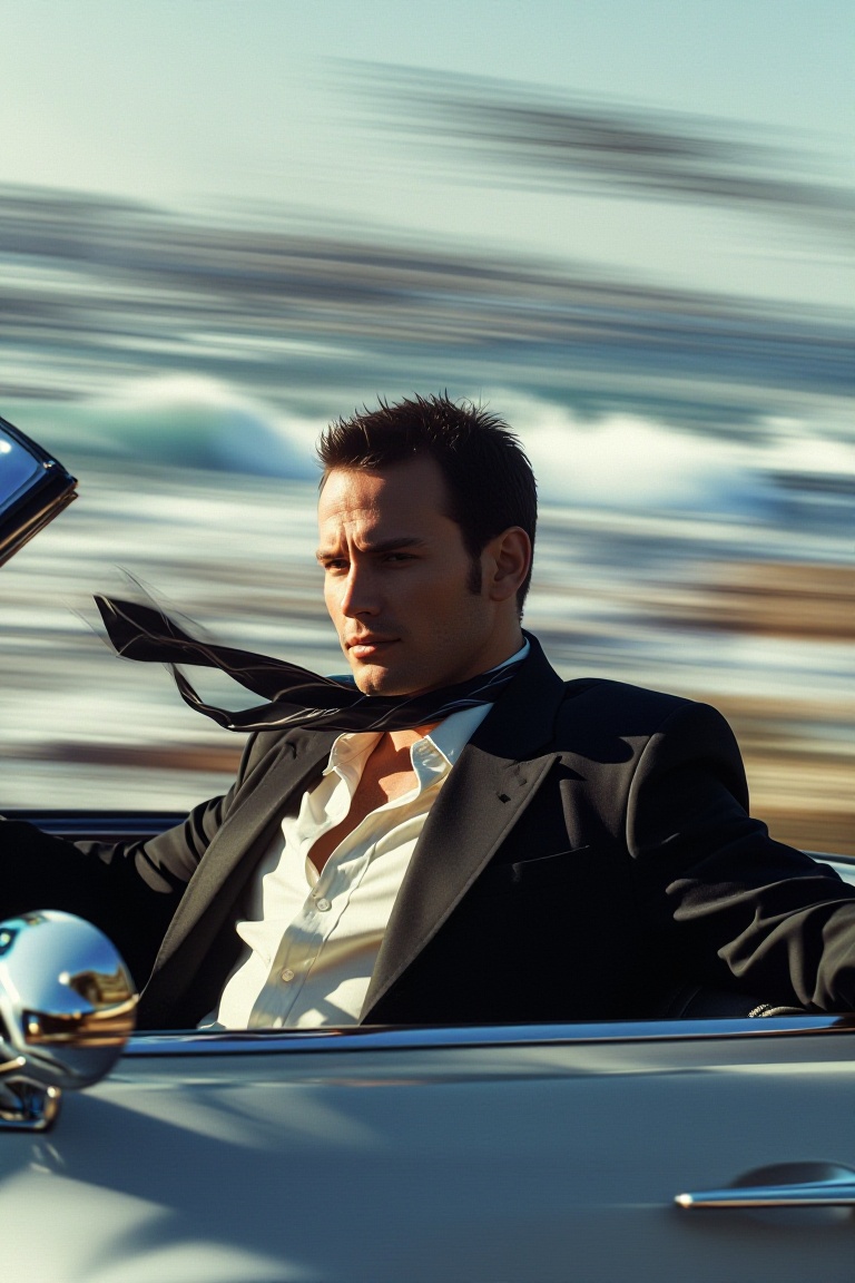 Photorealistic shot of a man in a tailored dark suit and open white shirt,  leaning out of a moving classic convertible ca...