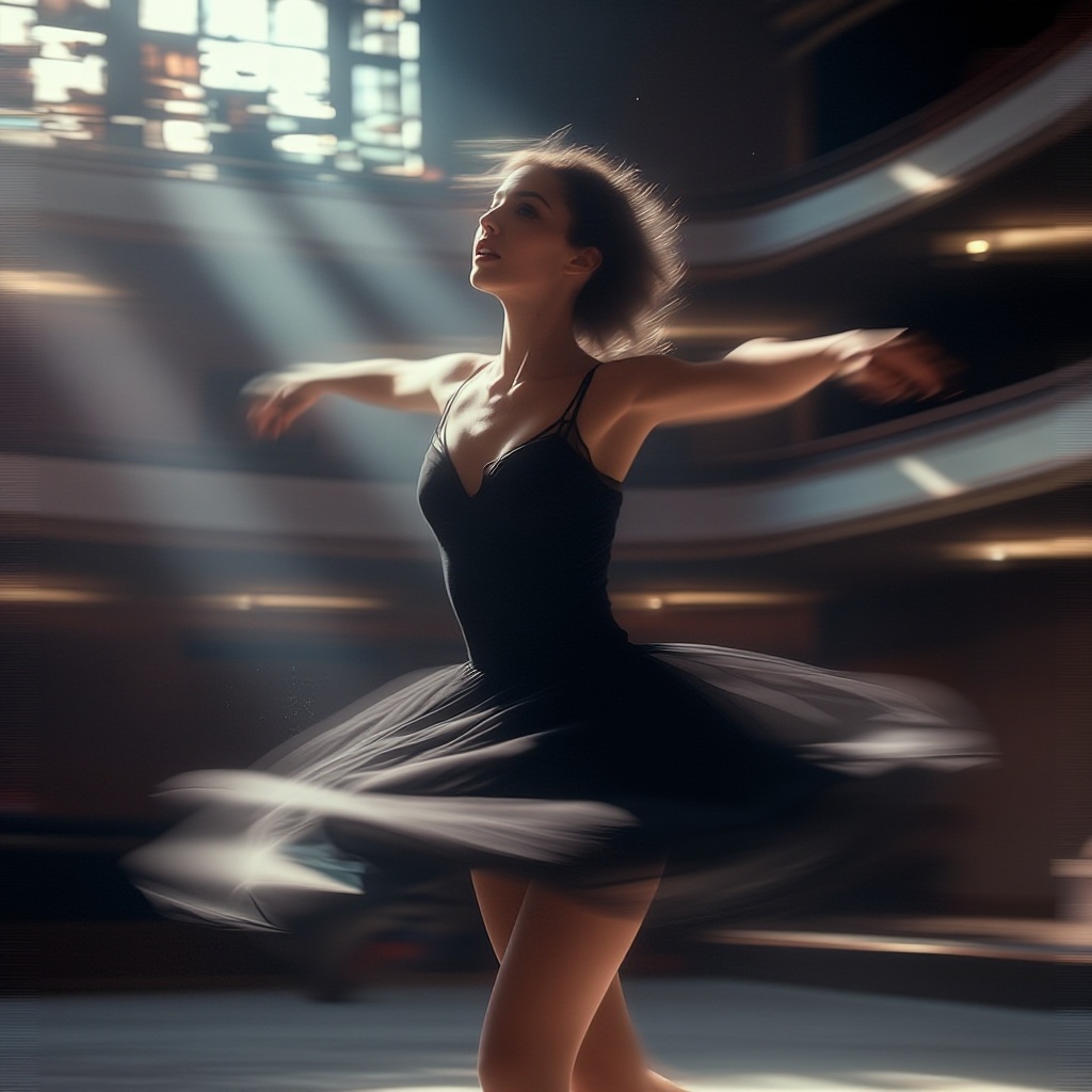 Photorealistic portrait of a young female dancer in a black leotard and loose chiffon skirt,  captured mid-spin in an aban...