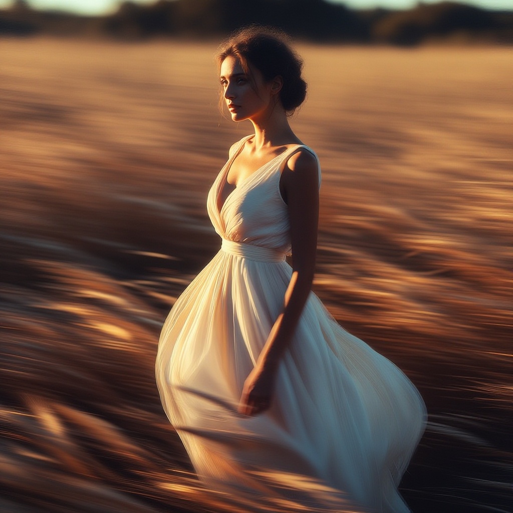 Photorealistic portrait of an elegant woman in a flowing white maxi dress,  standing in a sunlit wheat field during golden...
