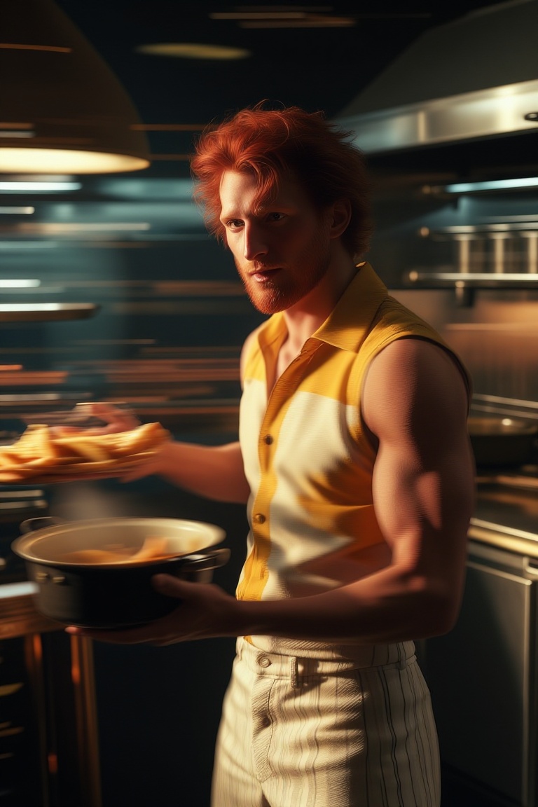 The image shows a person with red curly hair and a red beard,  wearing a yellow and white sleeveless shirt and white pants...