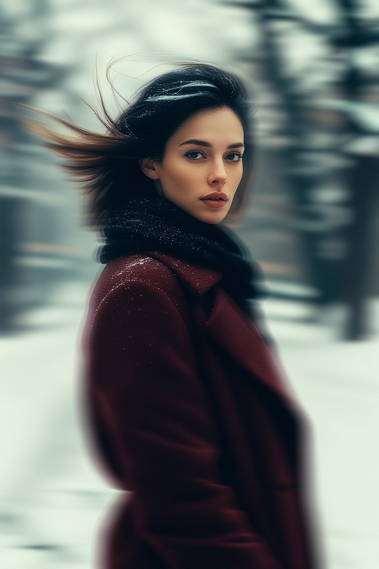 Photorealistic portrait of a woman in a burgundy wool coat and black scarf,  turning her head quickly while walking throug...