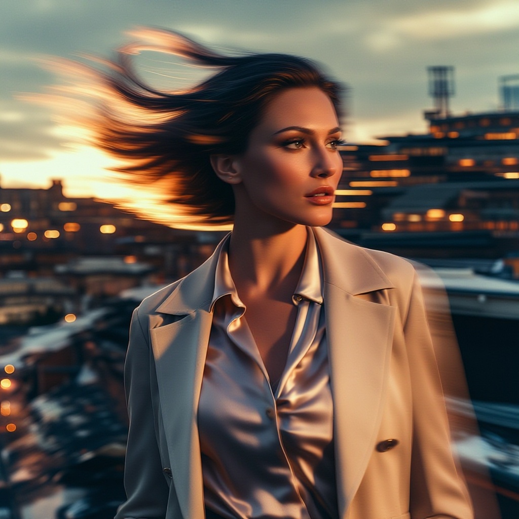 Photorealistic portrait of a woman in a light beige blazer over a silk blouse,  standing on a windy rooftop terrace at sun...