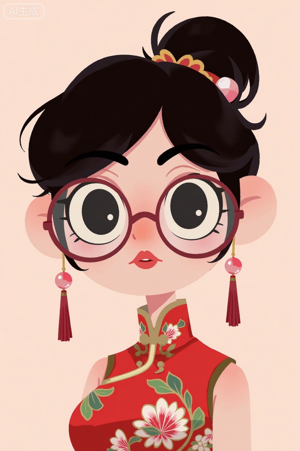 flat_cartoon style,Maruko hairstyle, wearing round framed glasses, red lips, black eyes, tassel earrings, cute girl, cheongsam outfit, portrait,