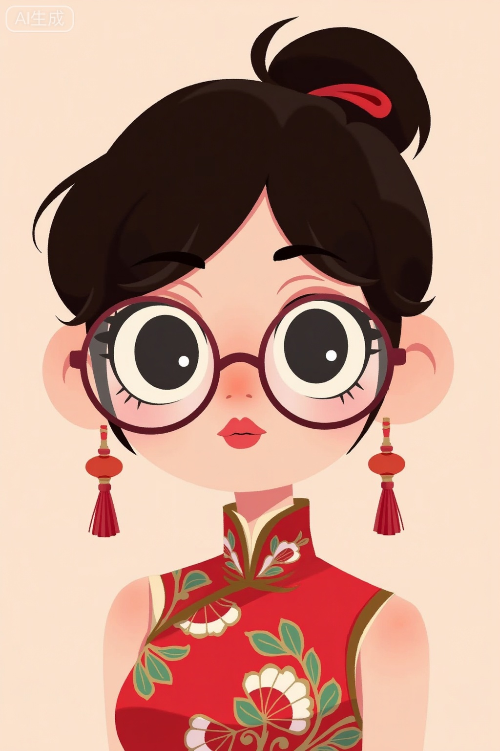 flat_cartoon style,Maruko hairstyle, wearing round framed glasses, red lips, black eyes, tassel earrings, cute girl, cheongsam outfit, portrait,
