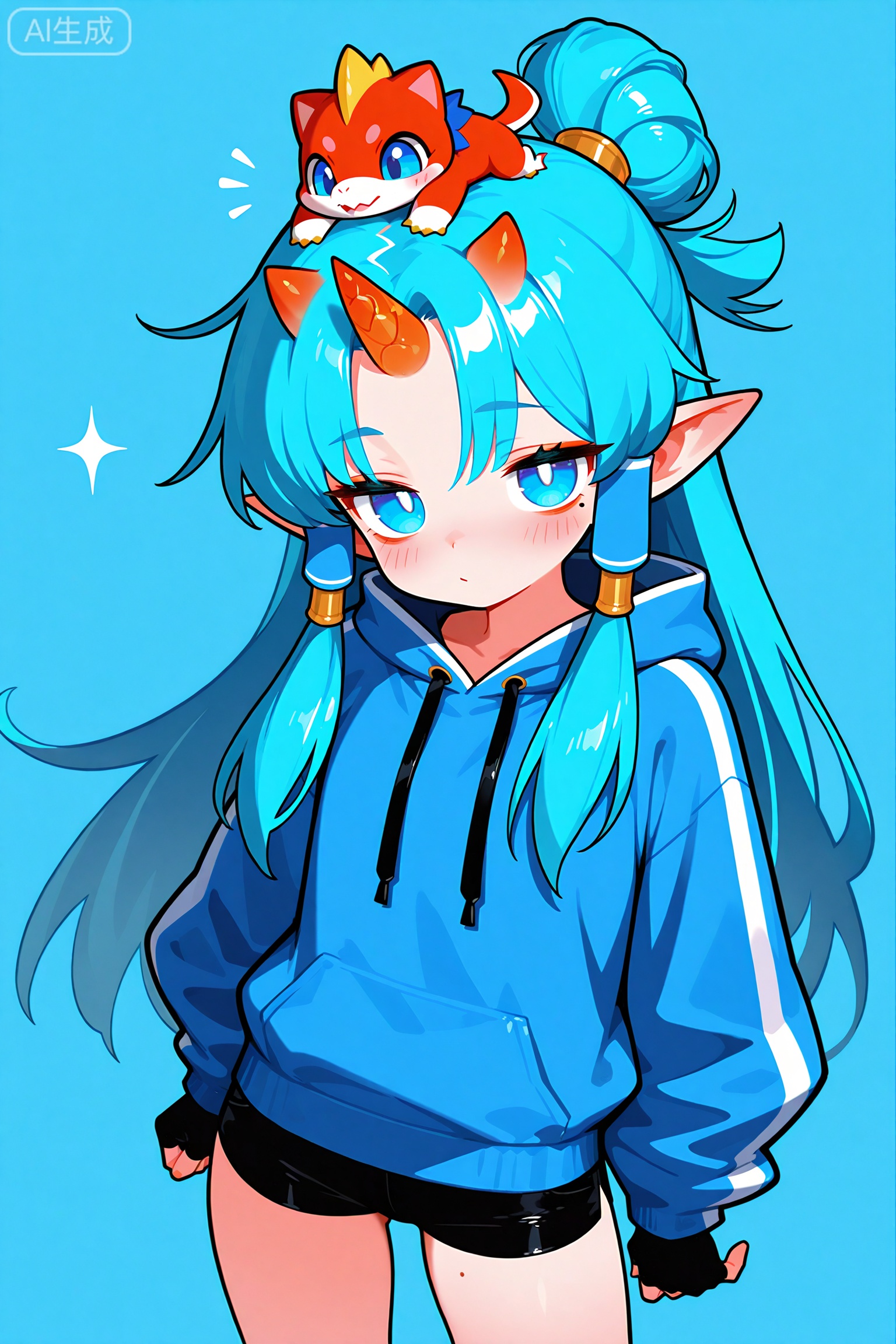 1girl,
Little Dragon Horn on the head, small horn,red gorn,pointed ears,
Blue eyes, erect pupils, mole under eyes,
Blue long hair, single bun, hair tubes at both side before ears,
fingerless gloves,Blue hoodie, shorts, short tail,blue theme,
//masterpiece,best quality,art_rong,Digital art,Delicate eyes,delicate face,newest,year 2024,year 2023,luxurious and gorgeous,art_rong,art_yinyou