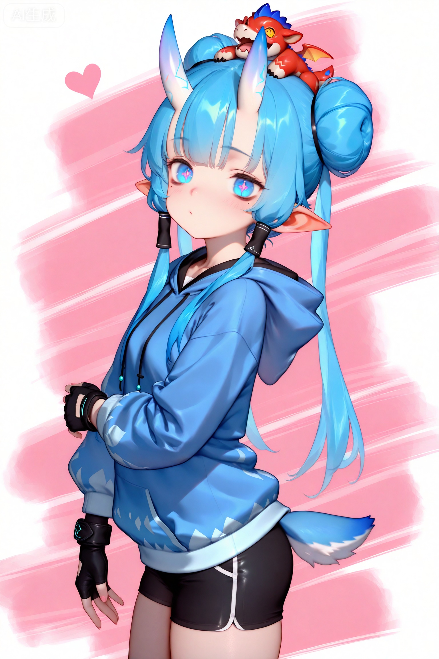 1girl,
Little Dragon Horn on the head, small horn,red gorn,pointed ears,
Blue eyes, erect pupils, mole under eyes,
Blue long hair, single bun, hair tubes at both side before ears,
fingerless gloves,Blue hoodie, shorts, short tail,pink theme,
//masterpiece,best quality,art_rong,Digital art,Delicate eyes,delicate face,newest,year 2024,year 2023,luxurious and gorgeous,art_rong,art_yinyou