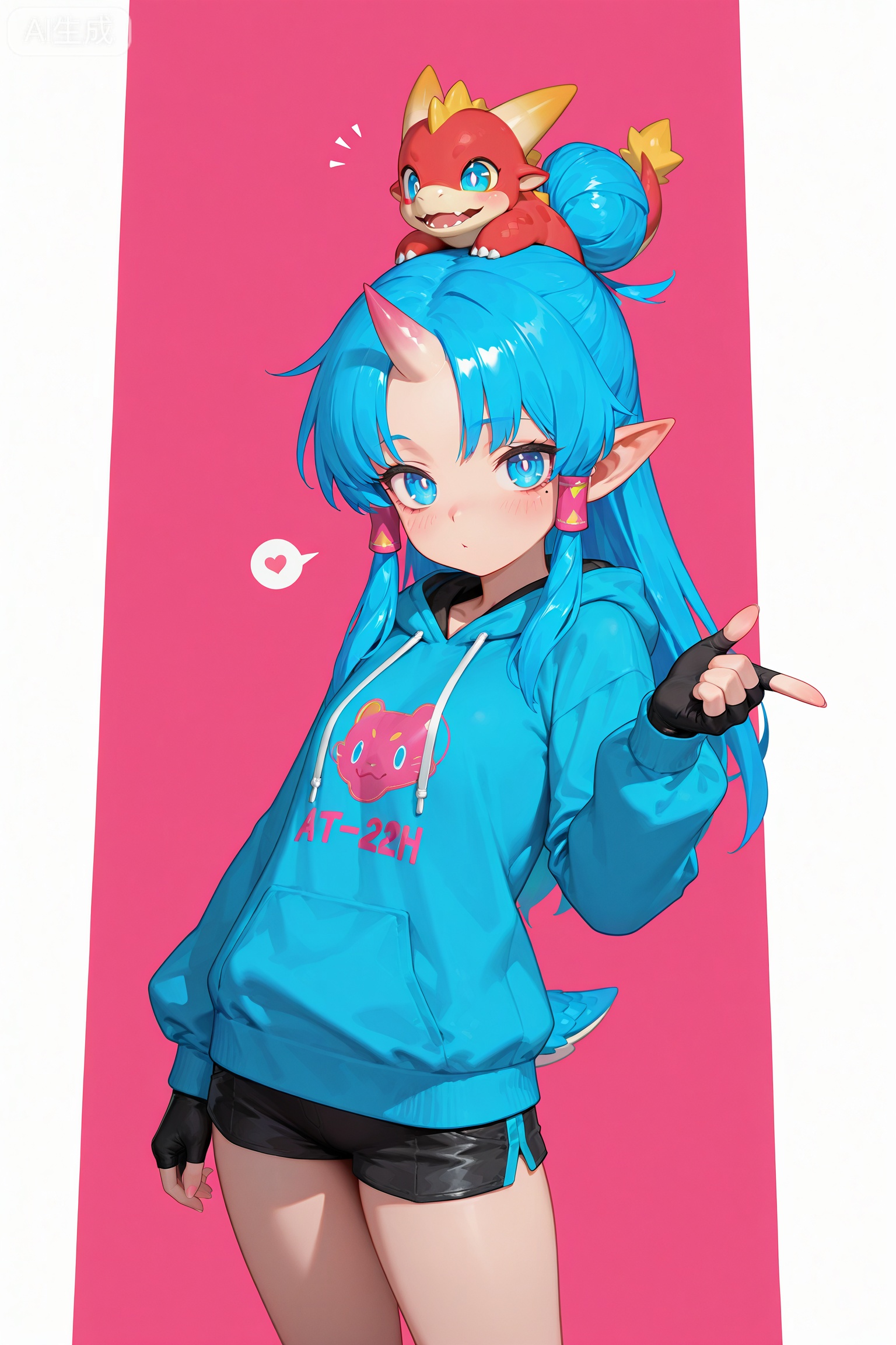 1girl,
Little Dragon Horn on the head, small horn,red gorn,pointed ears,
Blue eyes, erect pupils, mole under eyes,
Blue long hair, single bun, hair tubes at both side before ears,
fingerless gloves,Blue hoodie, shorts, short tail,pink theme,
//masterpiece,best quality,art_rong,Digital art,Delicate eyes,delicate face,newest,year 2024,year 2023,luxurious and gorgeous,art_rong,art_yinyou