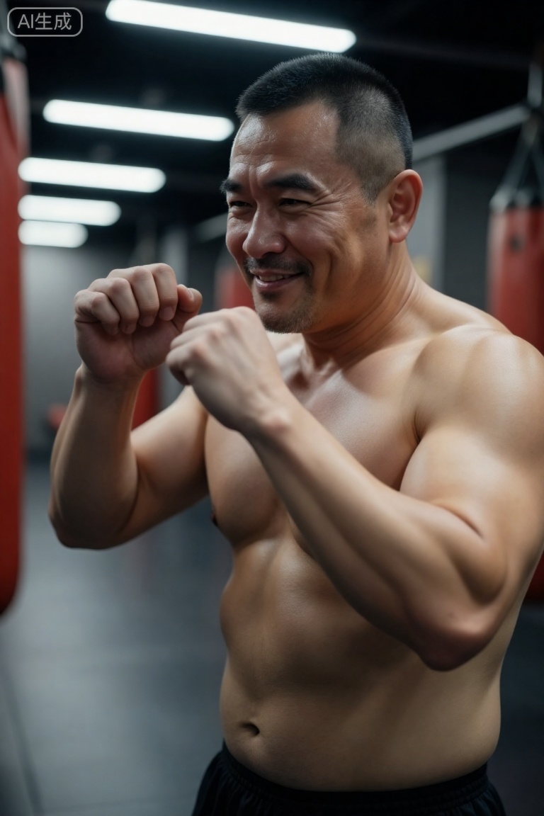 一个中年男性,脂包肌身材,魅力的男性,表情微笑,此时他挥洒汗水,在健身房练习拳击,chenjianbin