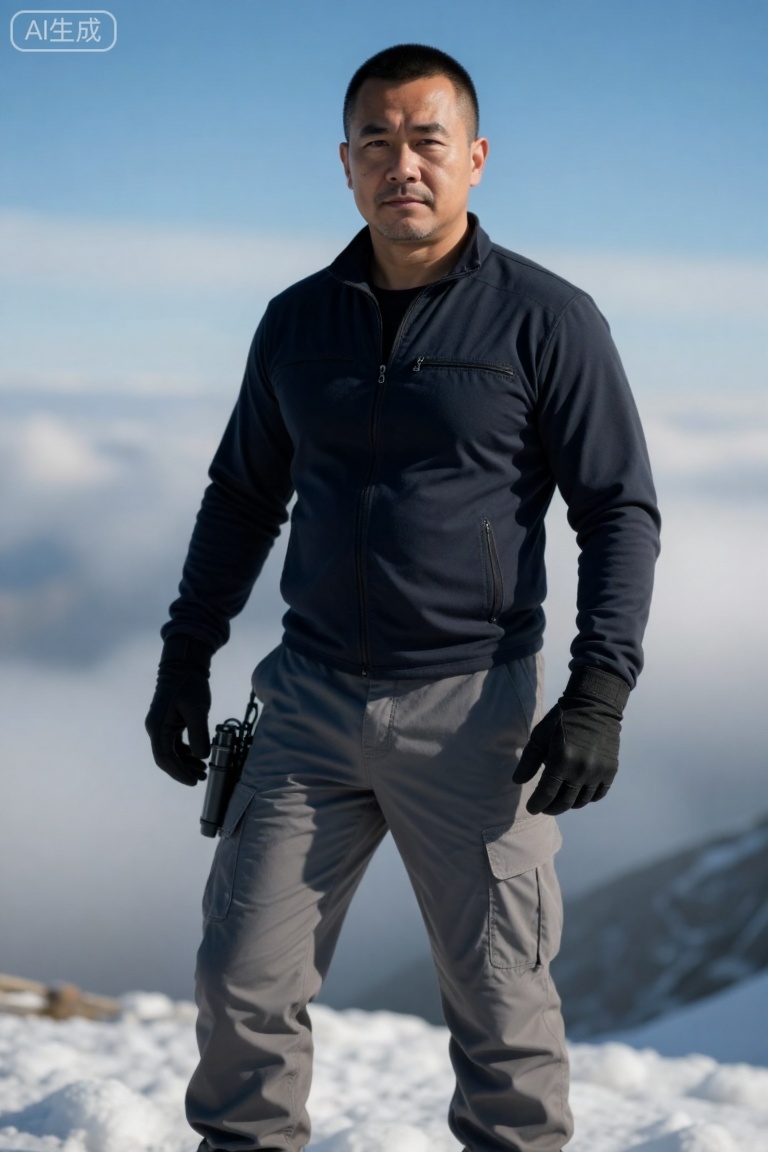 kynz,极致细节,4K壁纸,最高质量,杰作,极致清晰,
一位面容刚毅、发型短发、眼神坚定的中年男子。他身着深色功能性上衣,搭配浅灰色工装裤（裤腿处带有护膝与绑带设计）,并佩戴黑色手套,手持装备。他矗立于雪山场景中,背景是云雾缭绕的蓝天。