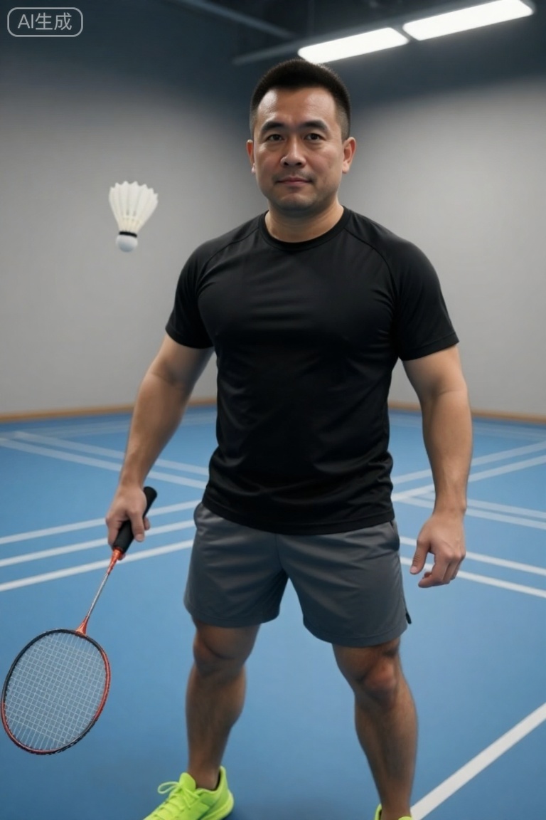 kynz,极致细节,4K壁纸,最高质量,杰作,极致清晰,
一位留着整齐短发的男性,面部轮廓圆润,额头饱满光滑,浓密整齐的眉毛散发着稳定的气息。他的眼睛明亮而敏锐,目光平静而沉着,嘴角微微上扬,散发出友好而平易近人的气质。他体格健壮,沉稳自信,充分体现了一种脚踏实地、可靠的气质。他在室内羽毛球场,握着羽毛球拍,姿态醒目——一只白色羽毛球在他身边盘旋,身后拖着一条动态的轨迹。他穿着黑色短袖运动上衣,灰色运动短裤,亮霓虹绿色运动鞋。背景由一个带有白色斑纹的蓝色庭院和浅灰色墙壁组成；明亮的室内灯光均匀分布,突出了他轻松的运动姿势,同时使他的表情细节和球场的清晰质感更加生动。