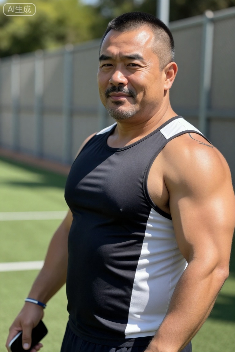 kynz,极致细节,4K壁纸,最高质量,杰作,极致清晰,
a 43-year-old middle-aged man, has a calm temperament and a sense of strength. He has a short buzzcut, stubble on his face, deep eyes, and a few fine lines appearing at the corners of his eyes when he smiles. The body type belongs to the fat-packed muscle type. Although the muscle lines are covered with fat, they still look strong. There is a black abstract line tattoo on his right arm.

Wearing a dark gray and white sports vest with a black thong, a blue and white sports bracelet on his left wrist, and a black mobile phone in his right hand.

Standing beside the outdoor football field, the background is a green basketball court and a gray barbed wire fence. The sun shines down, creating mottled light and shadow on the ground.