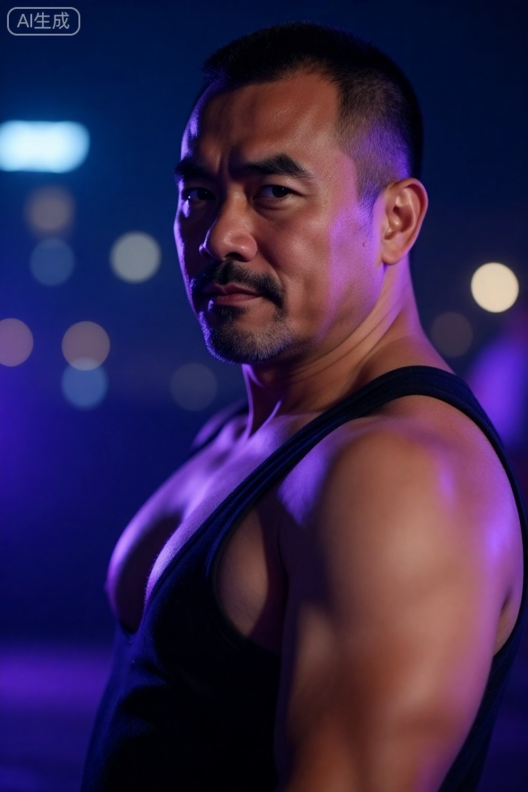 kynz,极致细节,4K壁纸,最高质量,杰作,极致清晰,
一个中年男人,有一张硬朗、阳刚的脸和整洁的短发。他赤膊上阵,肌肉被脂肪覆盖,但身体紧绷,肌肉线条有力,置身于迷幻的蓝色与紫色霓虹灯光中,他正回眸凝视镜头,眼神充满故事感,他身着带有亮片的黑色吊带背心,脸上的汗滴被风吹起,背景是虚化的都市夜景与闪烁的灯光,摄影,照片级真实,人像模式,焦距85mm,光圈f/1.4,ISO 400,背景光斑如奶油般化开,极致细节,4K壁纸,电影感光影,