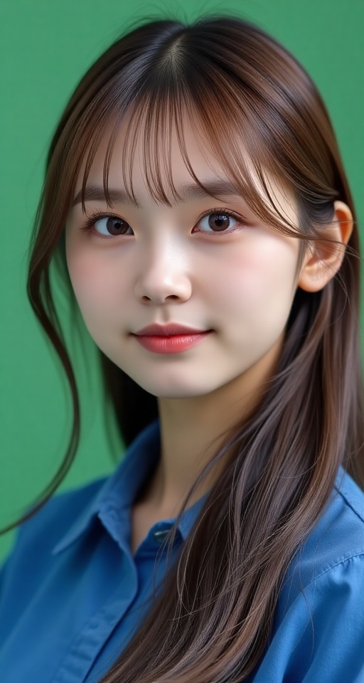 Generate a real-world photograph realistic photography 1girl solo long hair looking at viewer smile bangs simple backgroun...