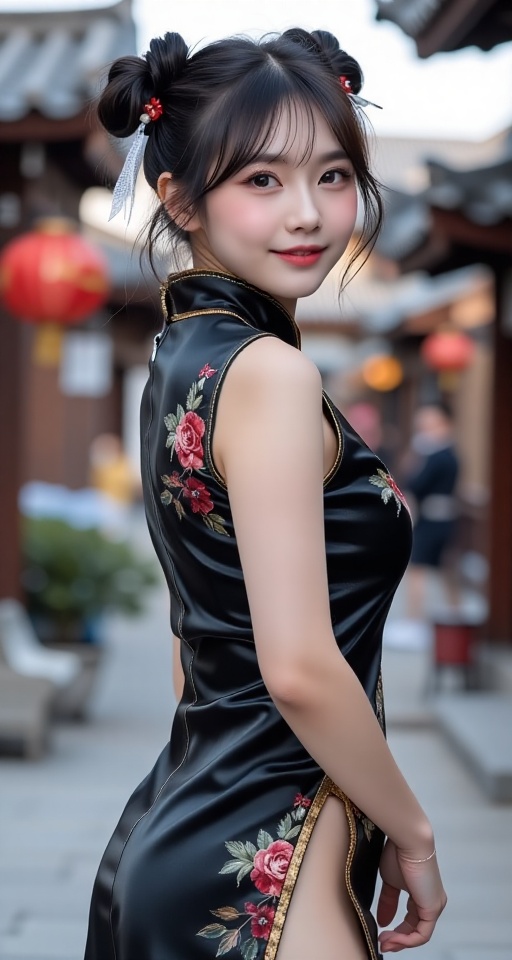 Generate a real-world photograph realistic photography 1girl solo looking at viewer smile short hair black hair dress ass...