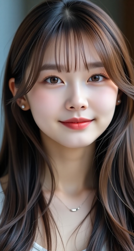 Generate a real-world photograph realistic photography 1girl solo long hair looking at viewer smile bangs brown hair black...