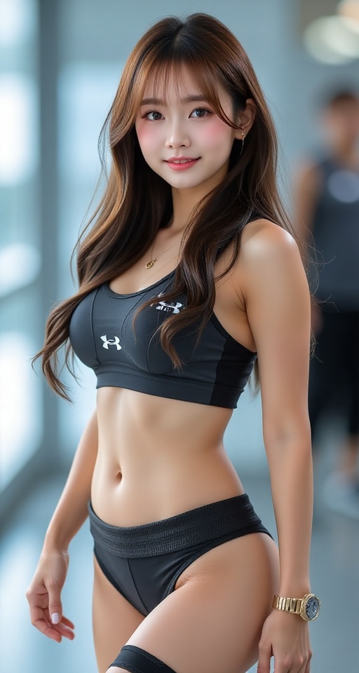 Generate a real-world photograph realistic photography 1girl solo long hair smile brown hair brown eyes lips cosplay thigh...