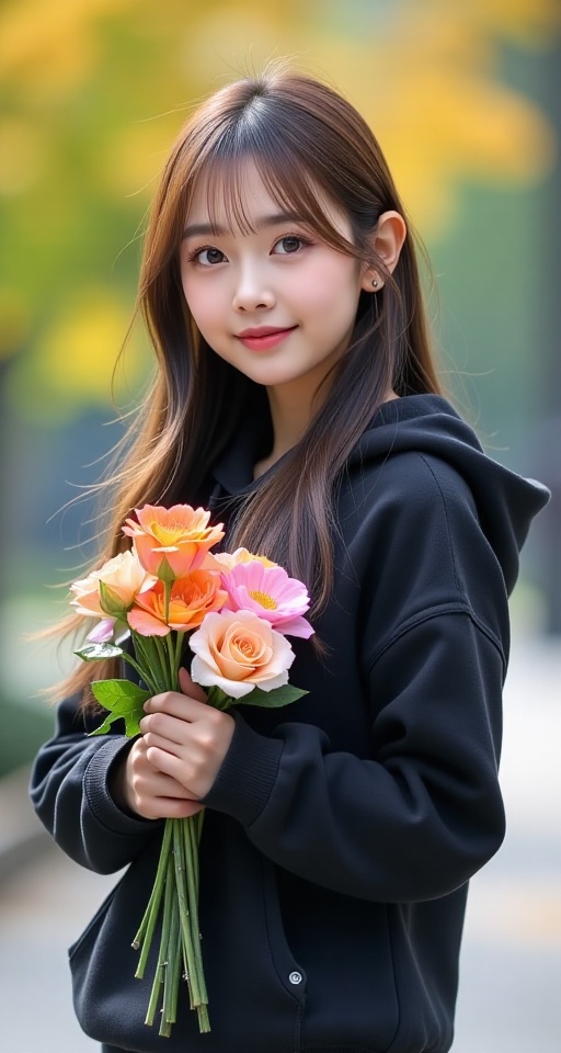 Generate a real-world photograph realistic photography 1girl solo long hair looking at viewer smile bangs brown hair long...